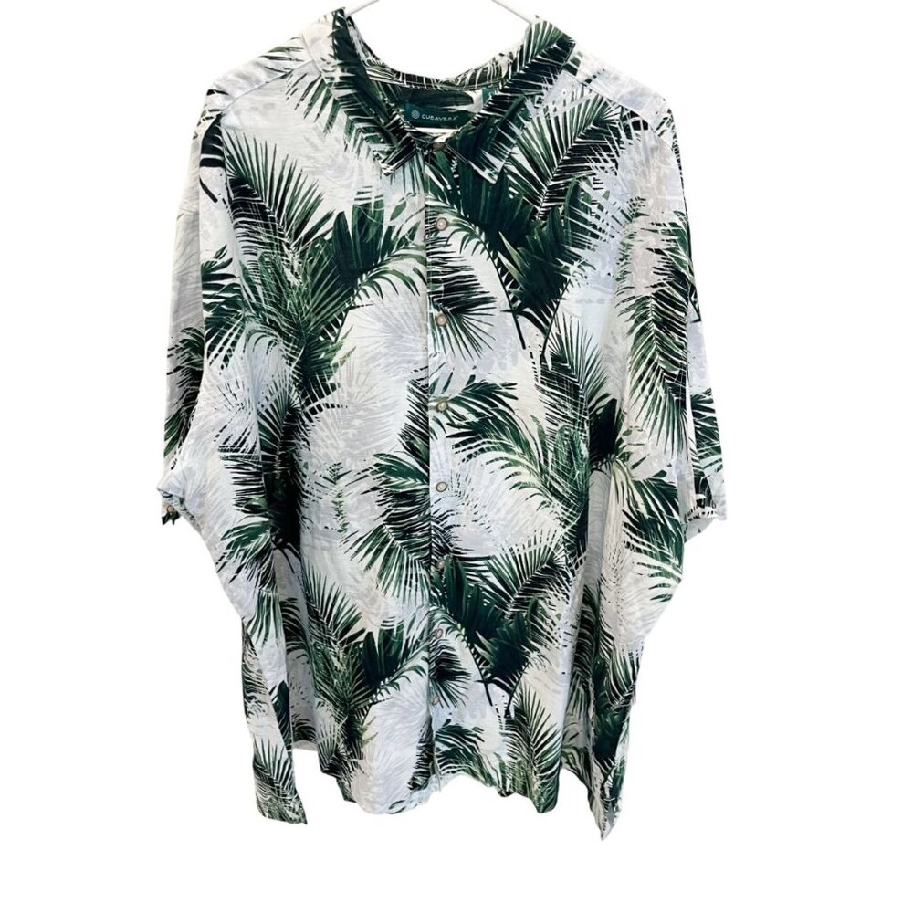 NEW CubAvera White & Green Palm Leaf Print Linen Button Down Shirt Hawaiian 4XLT